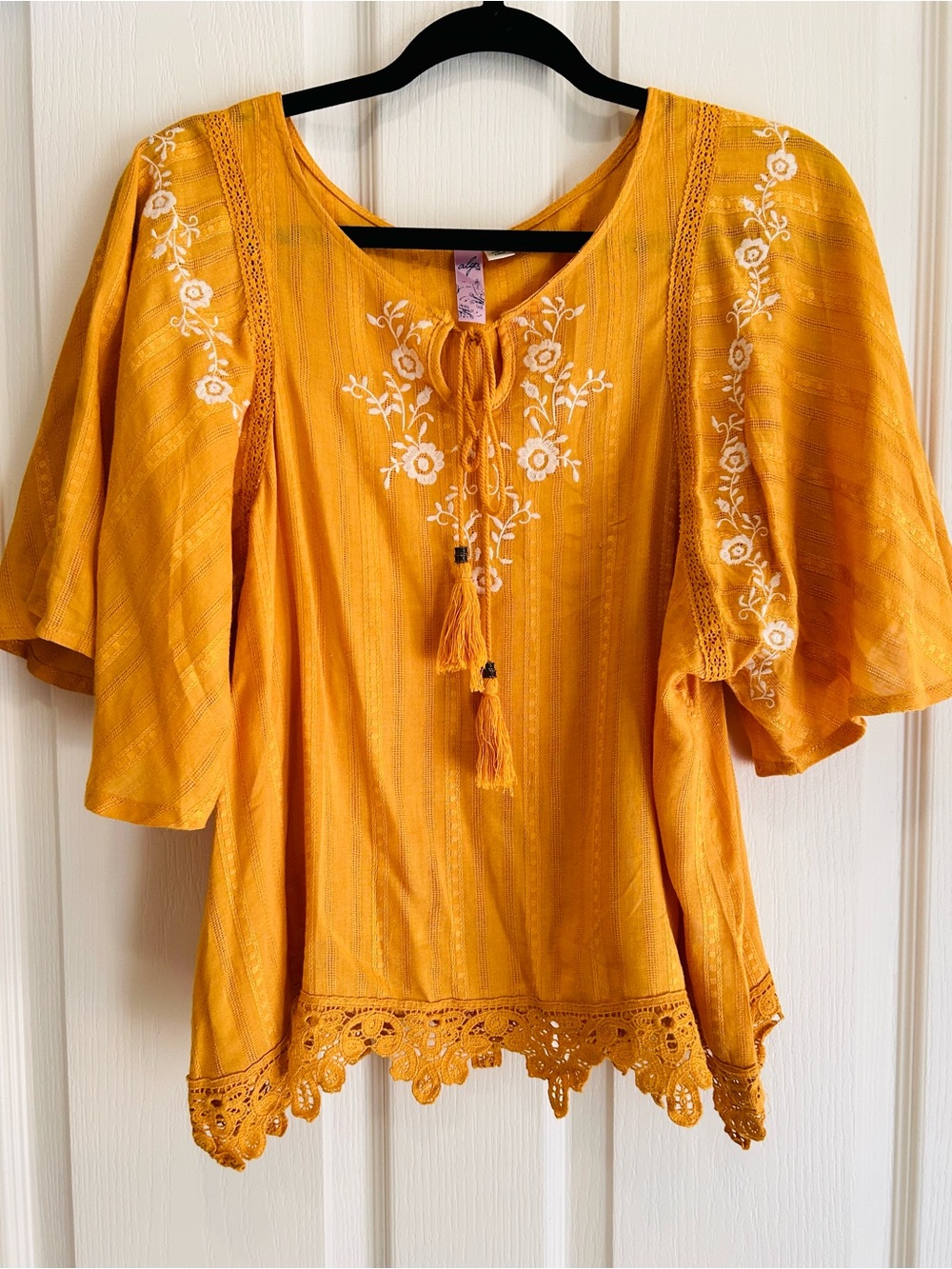 Alya Mustard Yellow Embroidered Peasant Blouse with Tassels